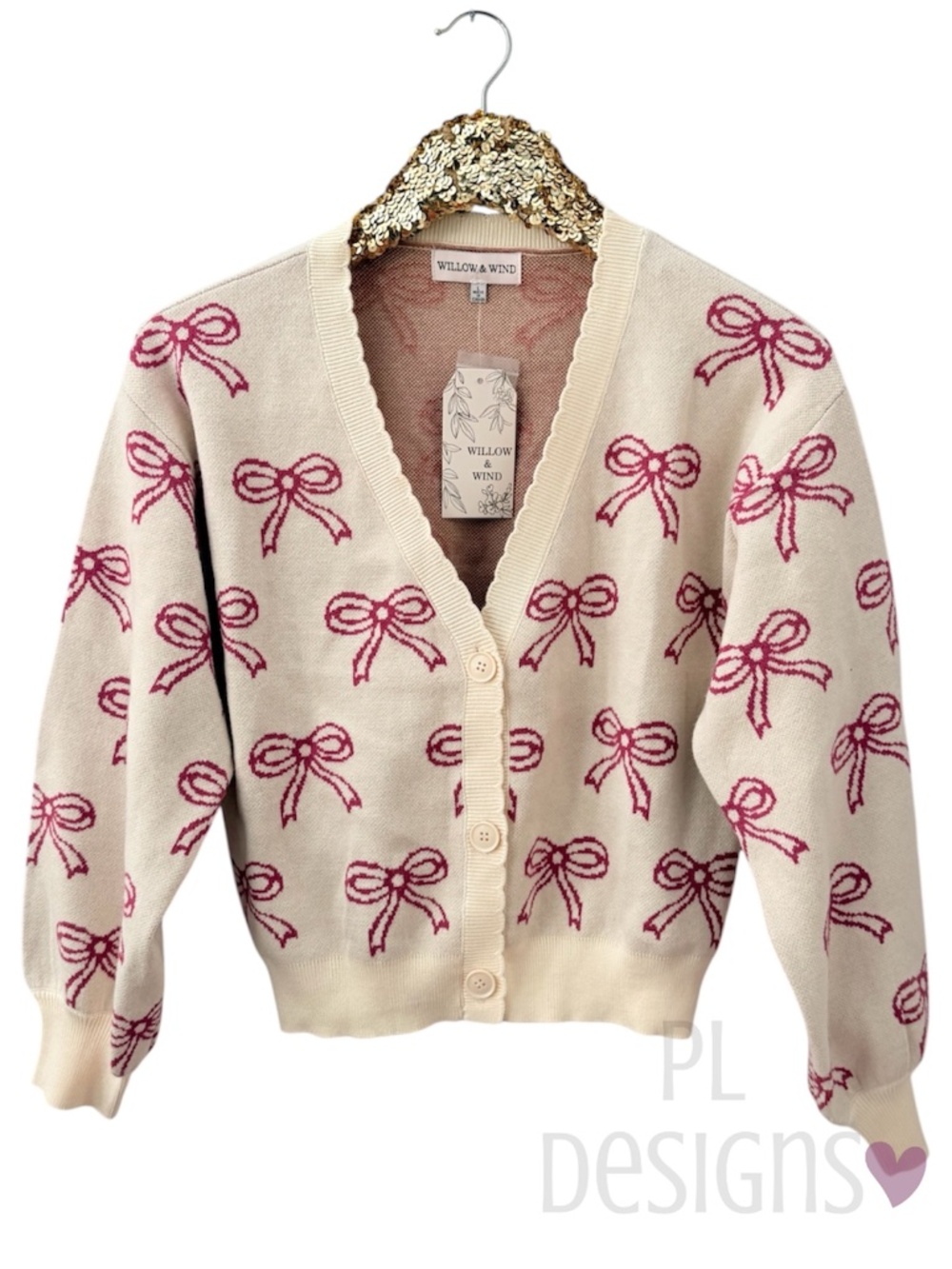 Willow & Wind Cream Pink Bow Cardigan Sweater Size L NWT